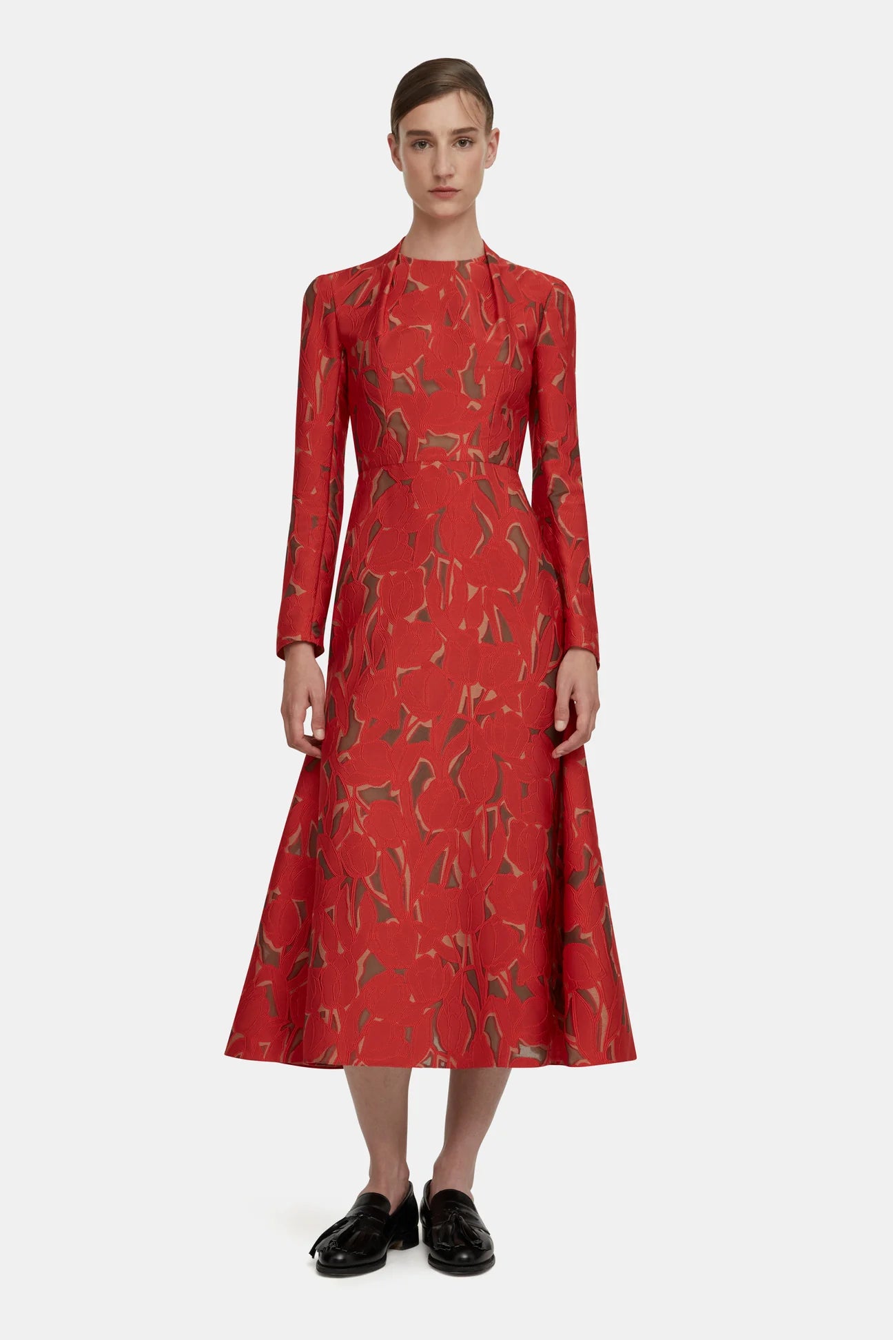 Emilia Wickstead Seneca Dress Red on Beige - The Lake Forest Shop