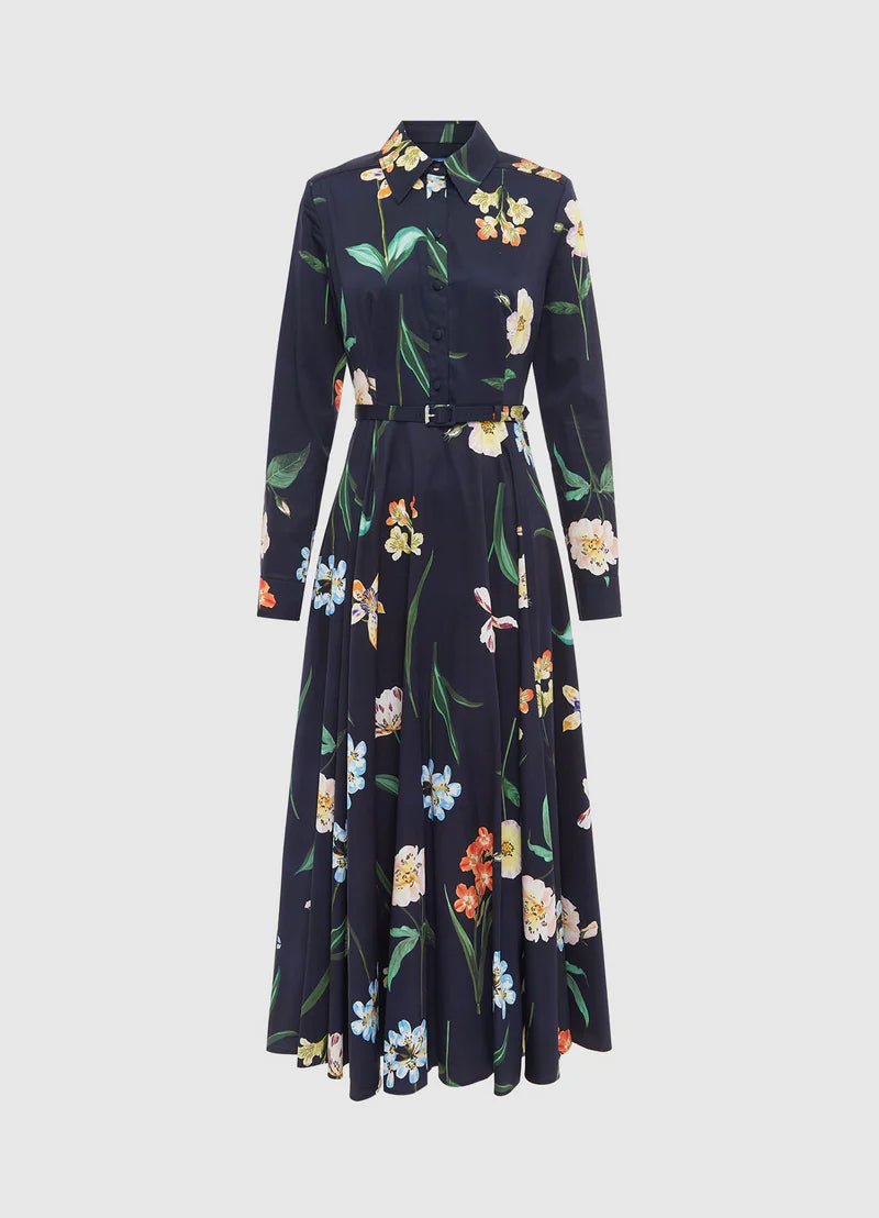 Navy floral dress on a light gray background