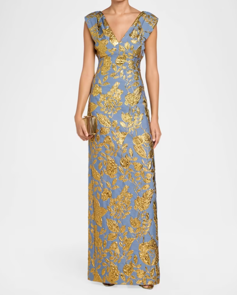 Floral Fil Coupe V-Neck Gown