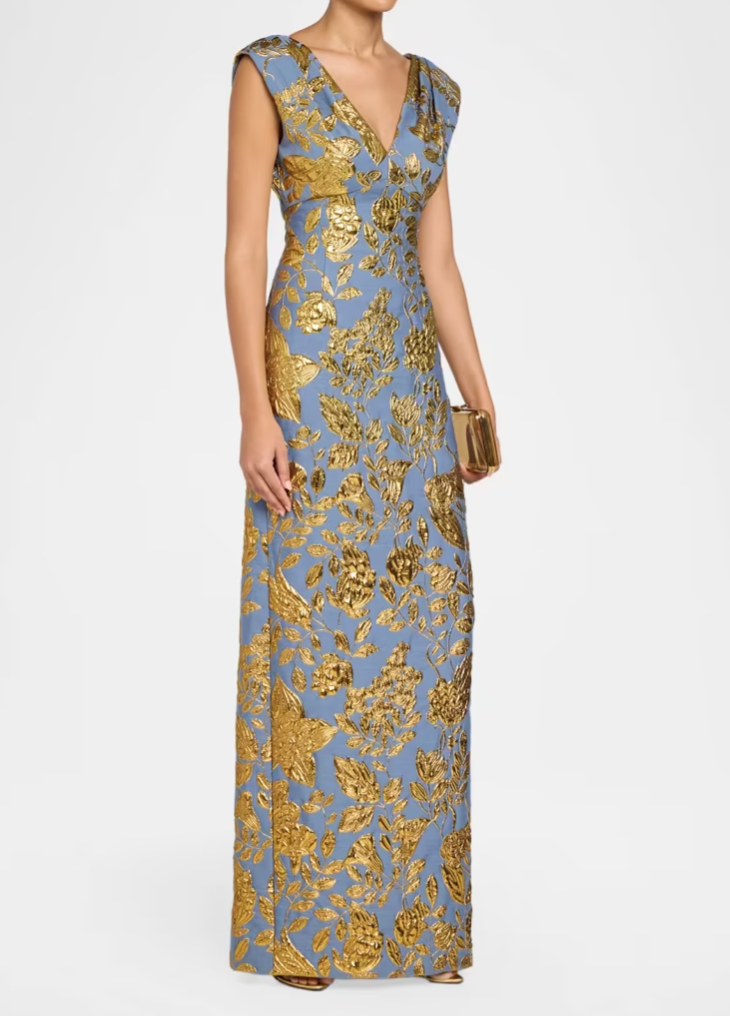 Floral Fil Coupe V-Neck Gown