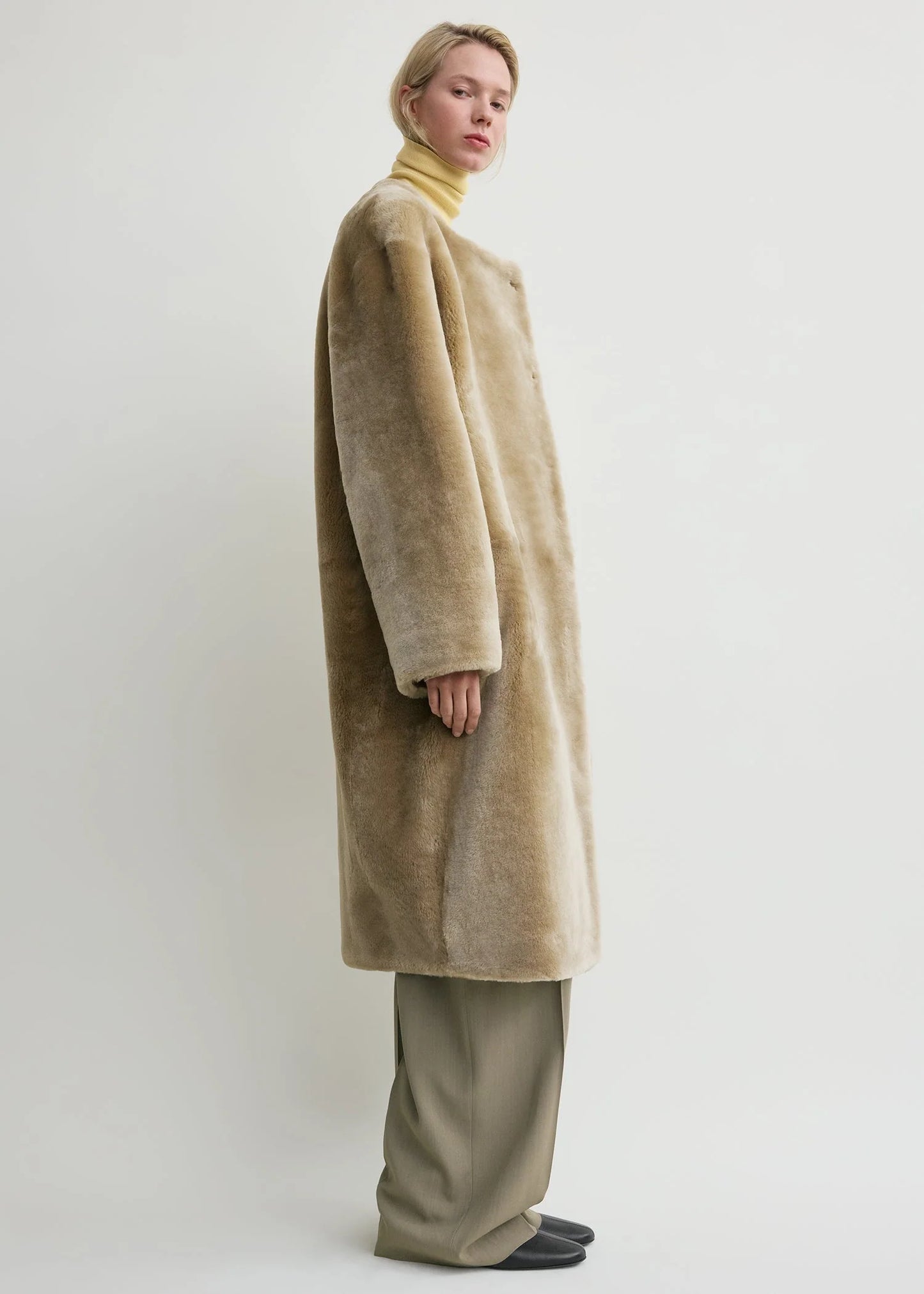 Collarless Shearling Coat