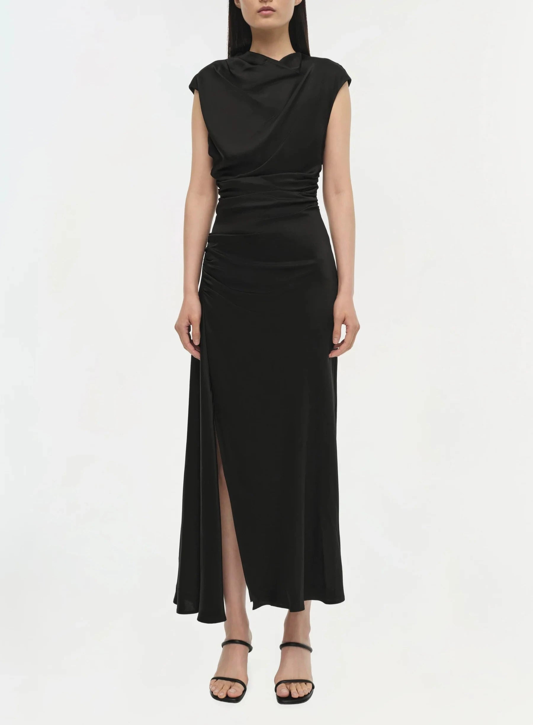 Burke short sleeve draped midi dress - BLACK - The Lake Forest Shop
