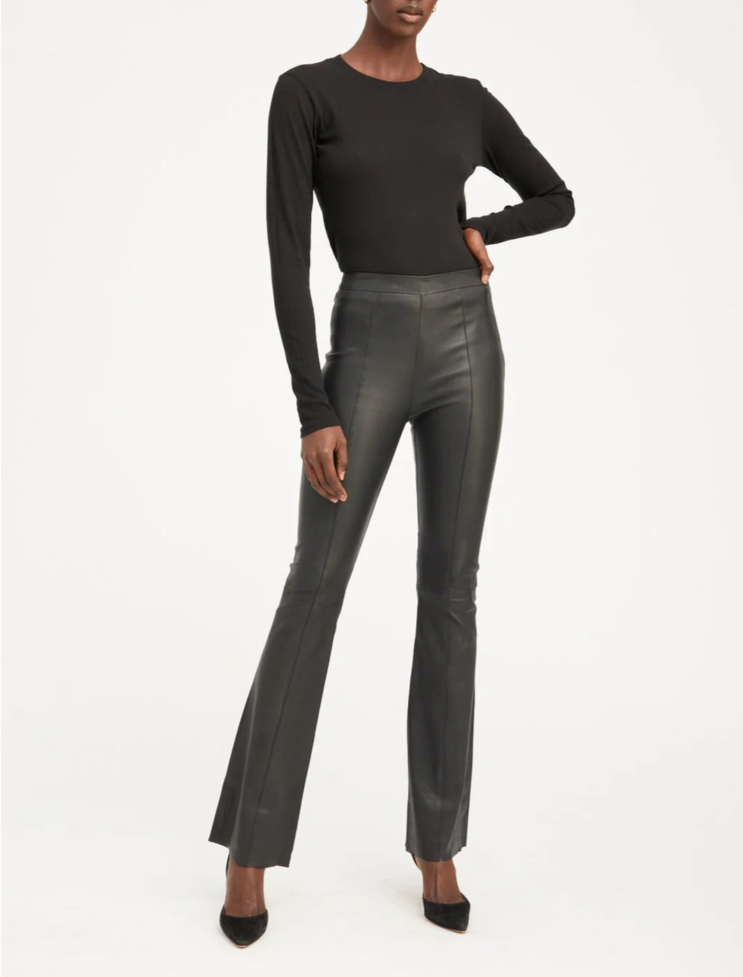 SPRWMN Black Leather Flare Pant with Princess Seams - The Lake Forest Shop