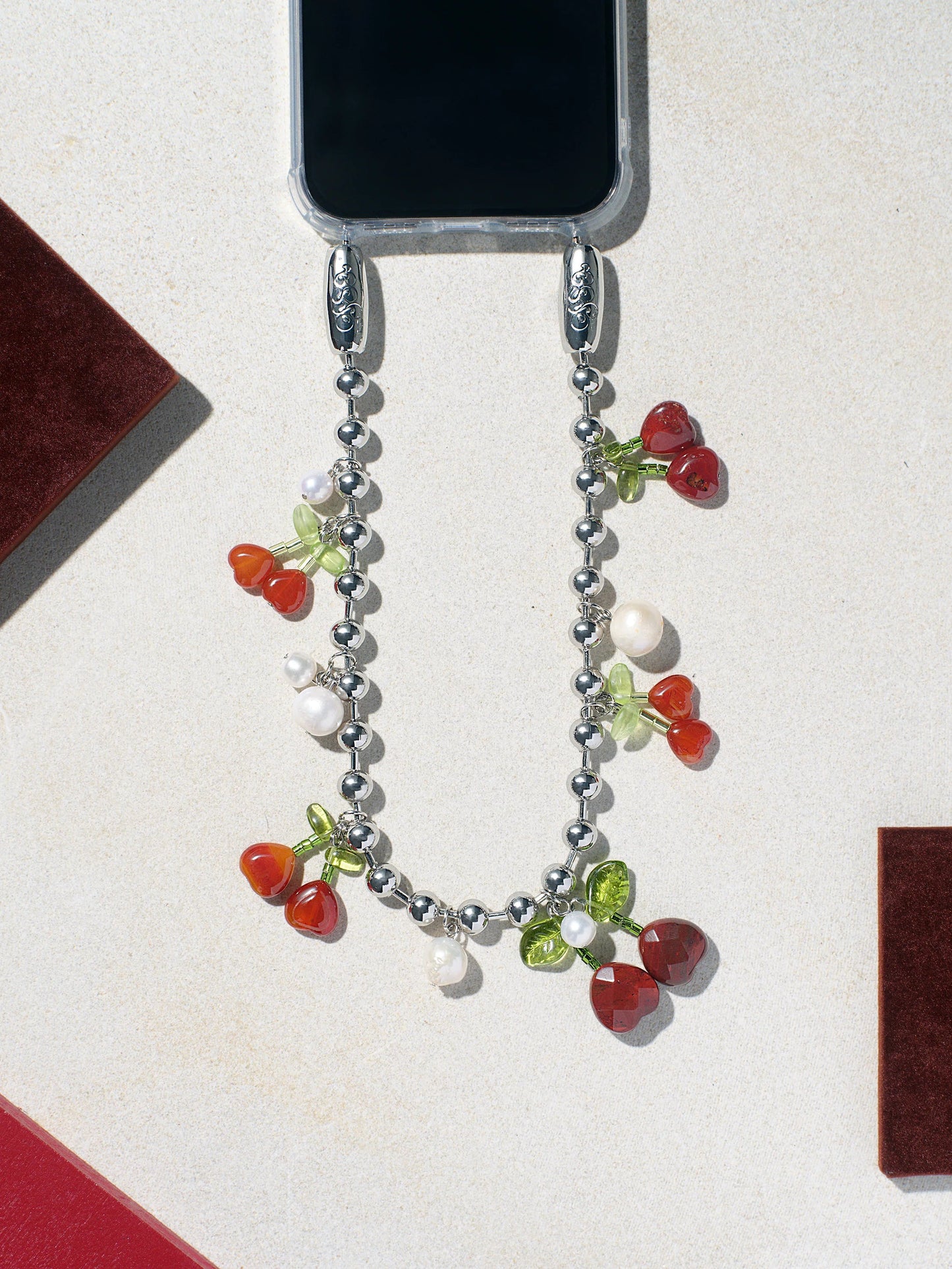 Cherry/Pearl Ball chain Wristlet