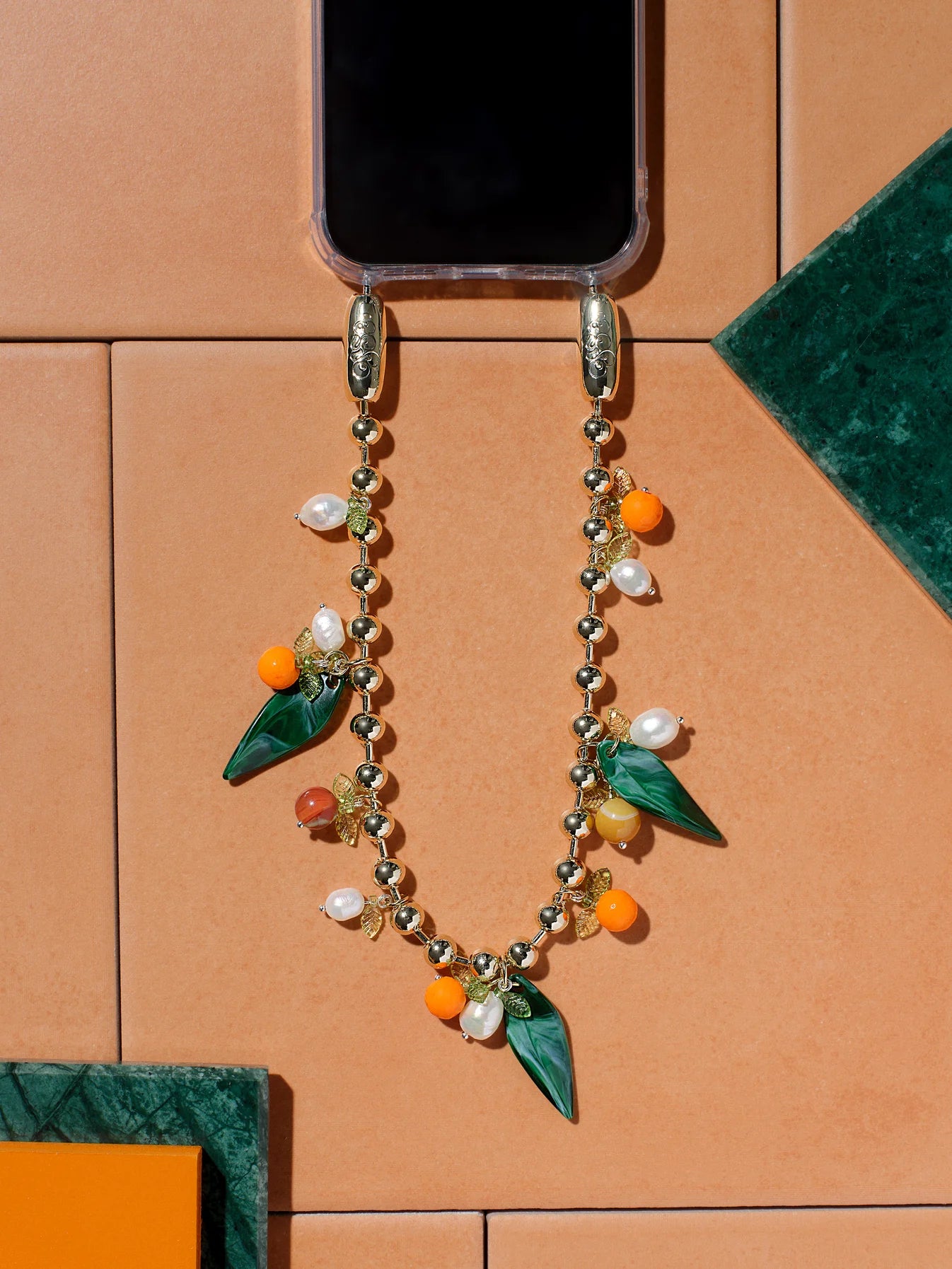 Orange/Pearl Ball chain Wristlet