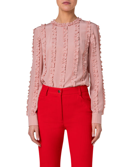 Pin Dot Silk Crepe De Chine Ruffle Long-Sleeve Blouse Red/Beige