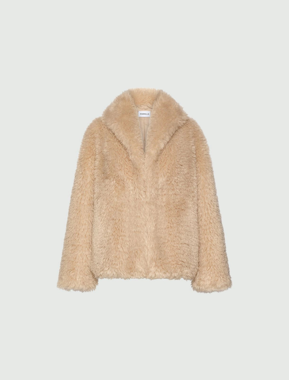 Faux Fur Cocoon Coat in the color sand