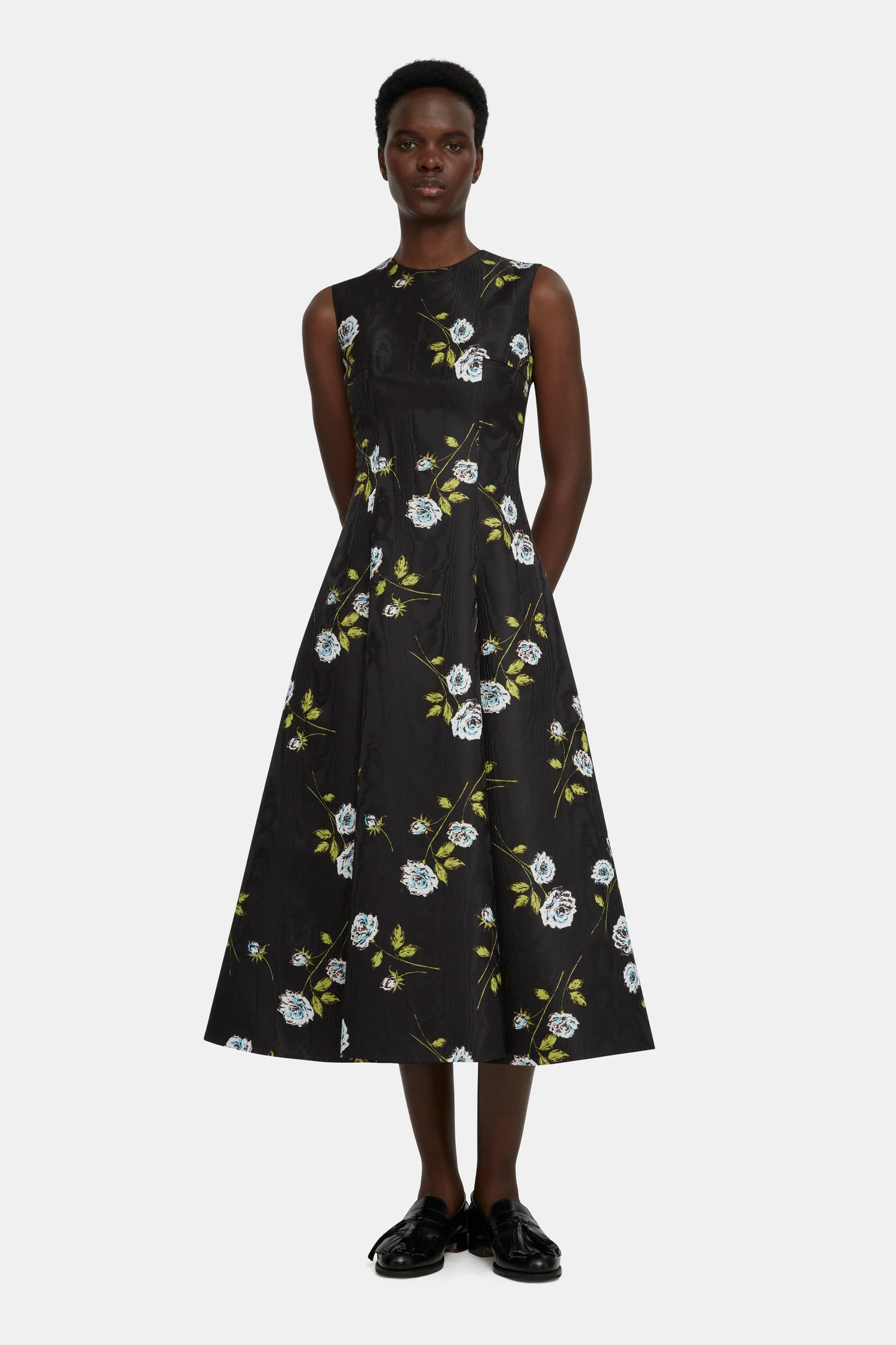 Mara Dress in Floral Printed Rose Stems on Black Moire