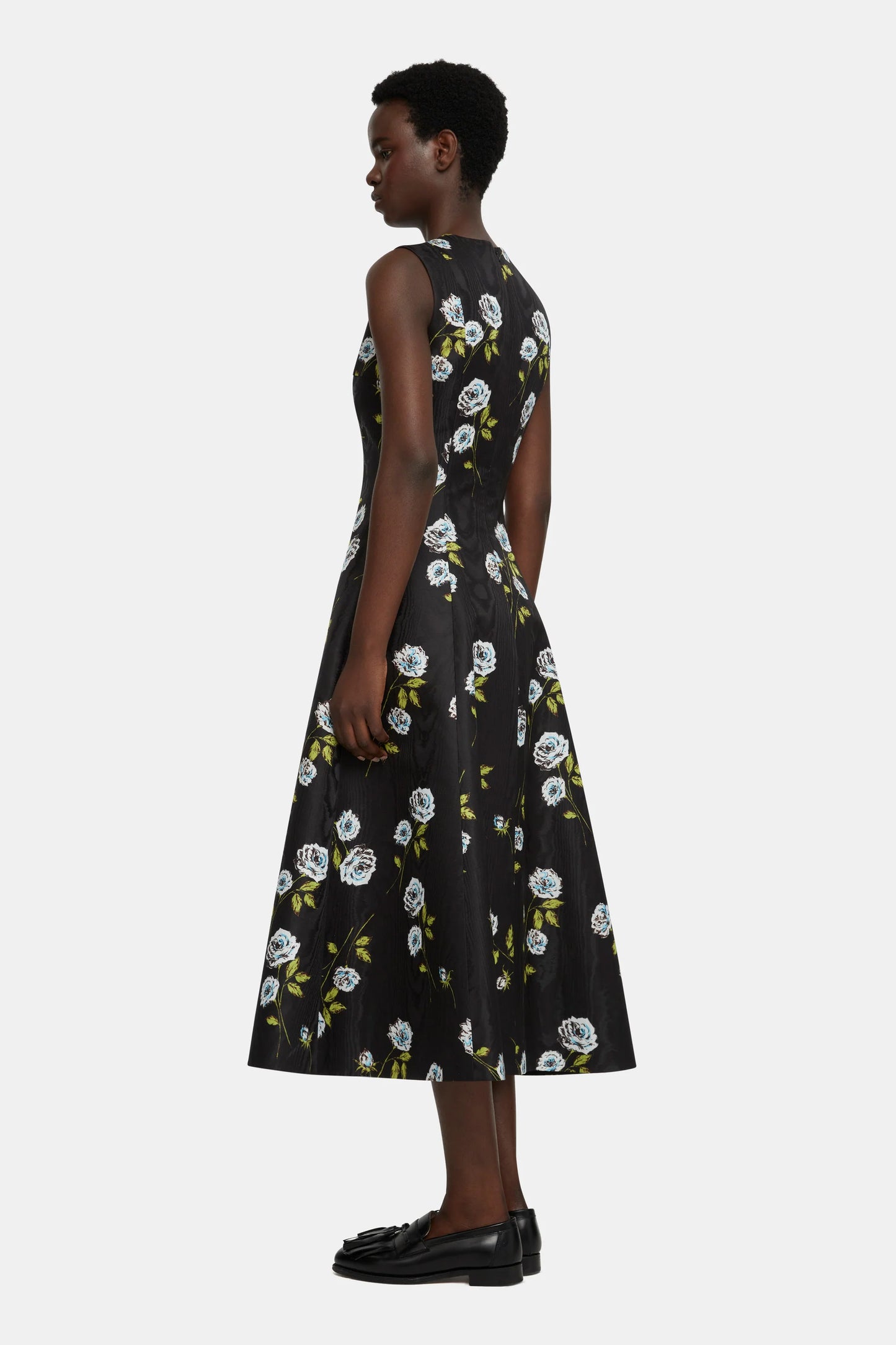 Mara Dress in Floral Printed Rose Stems on Black Moire