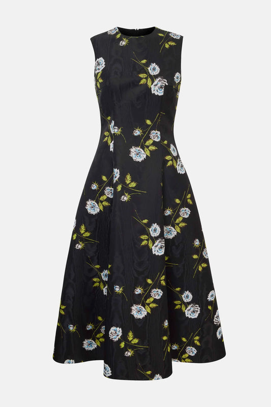 Mara Dress in Floral Printed Rose Stems on Black Moire