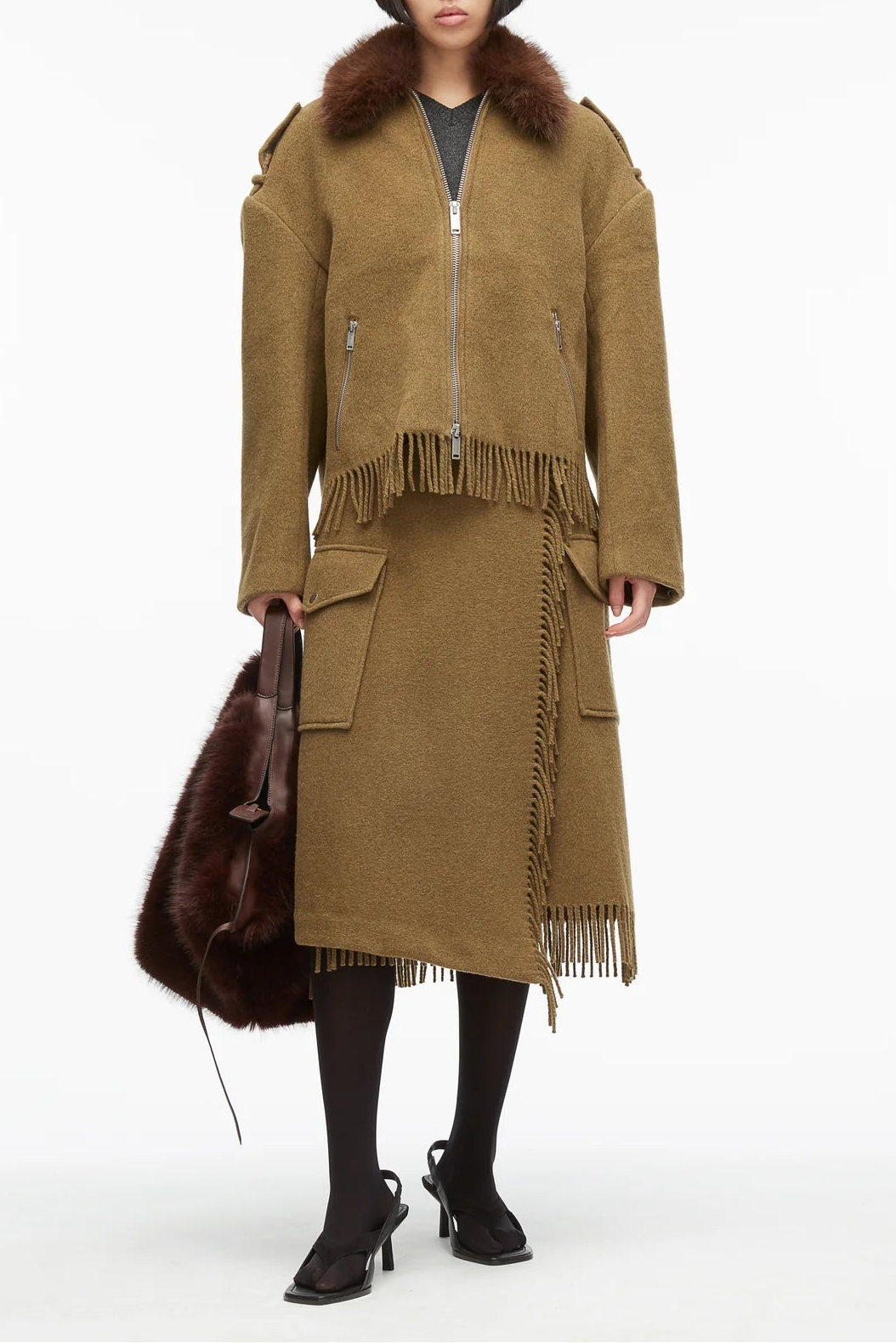 Scarf-Hem Jacket w/Faux Fur Collar