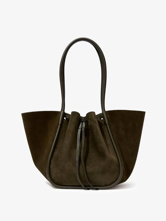 Large ruched tote in soft shiny calf - OLIVE