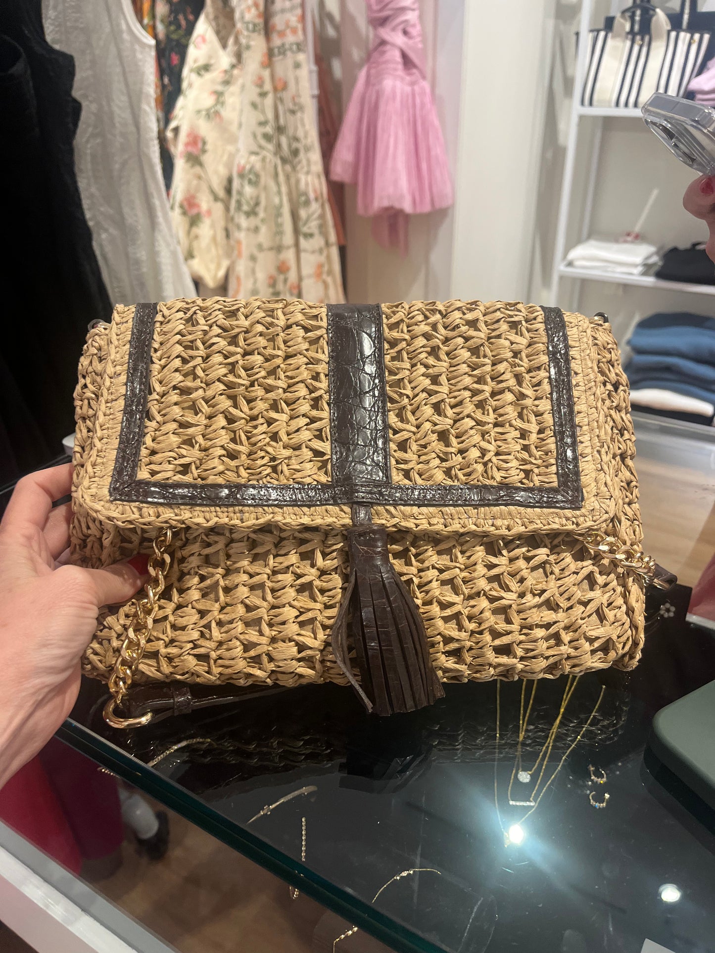 EvaBo Envelope Clutch in Raffia and Crocodile