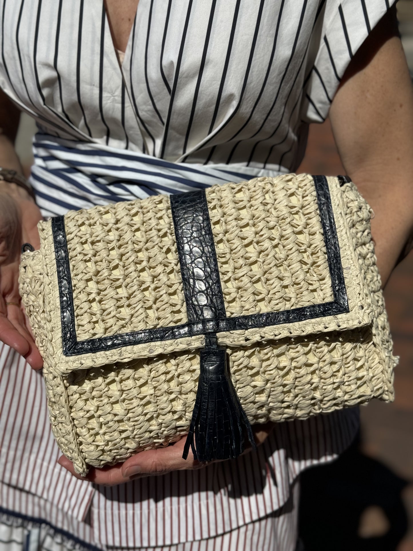 EvaBo Envelope Clutch in Raffia and Crocodile