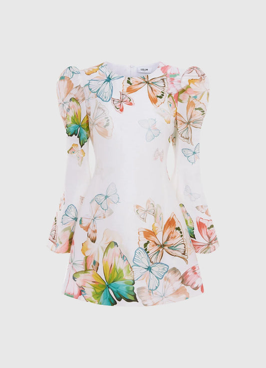 Sylvana Bell Sleeve Mini Dress - Papillon Print in White