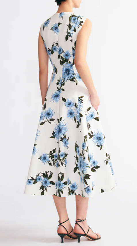 Mara Dress in Blue Dahlia Floral Print Taffeta Faille