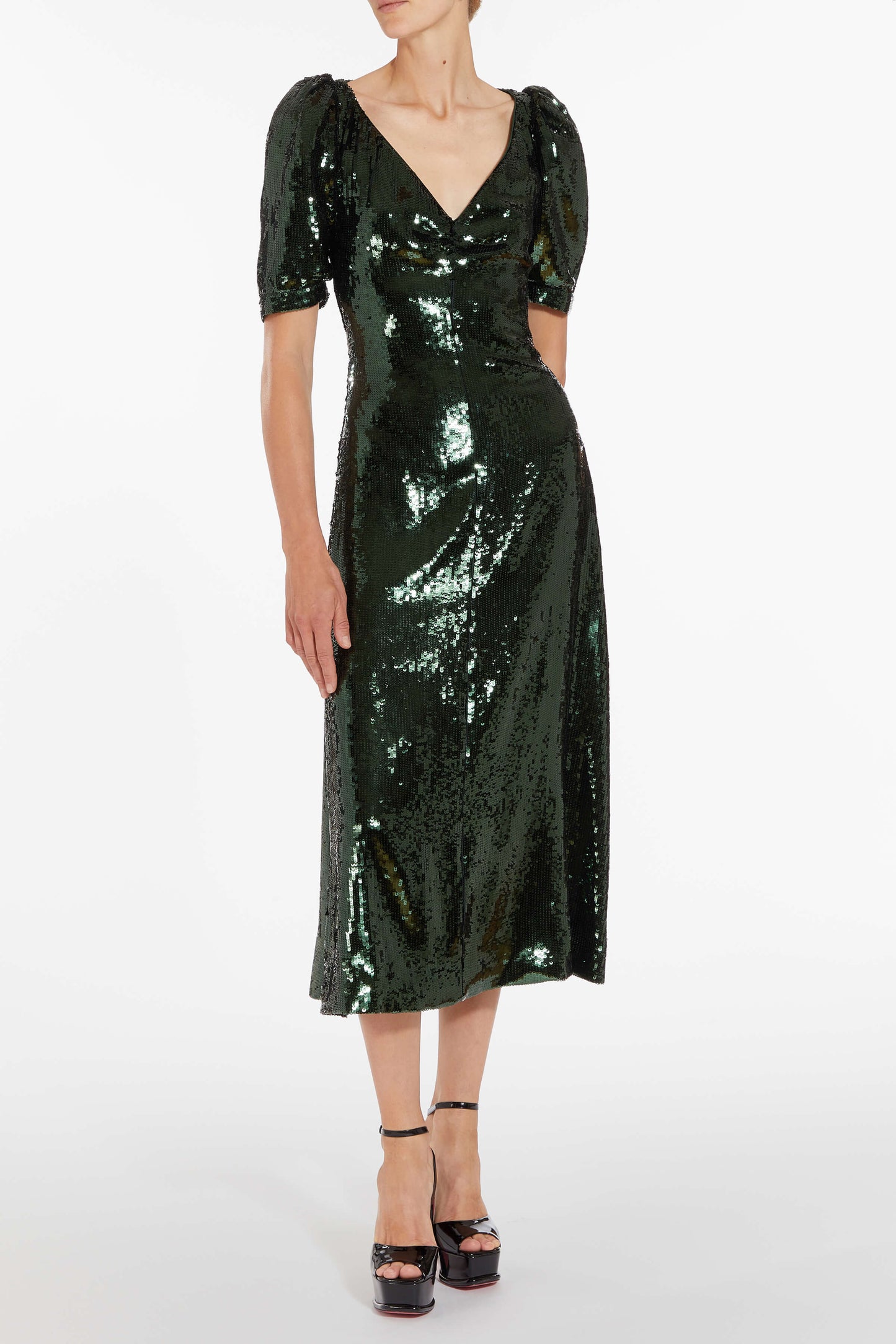 September Emerald Paillete Puff Sleeve Midi Dress