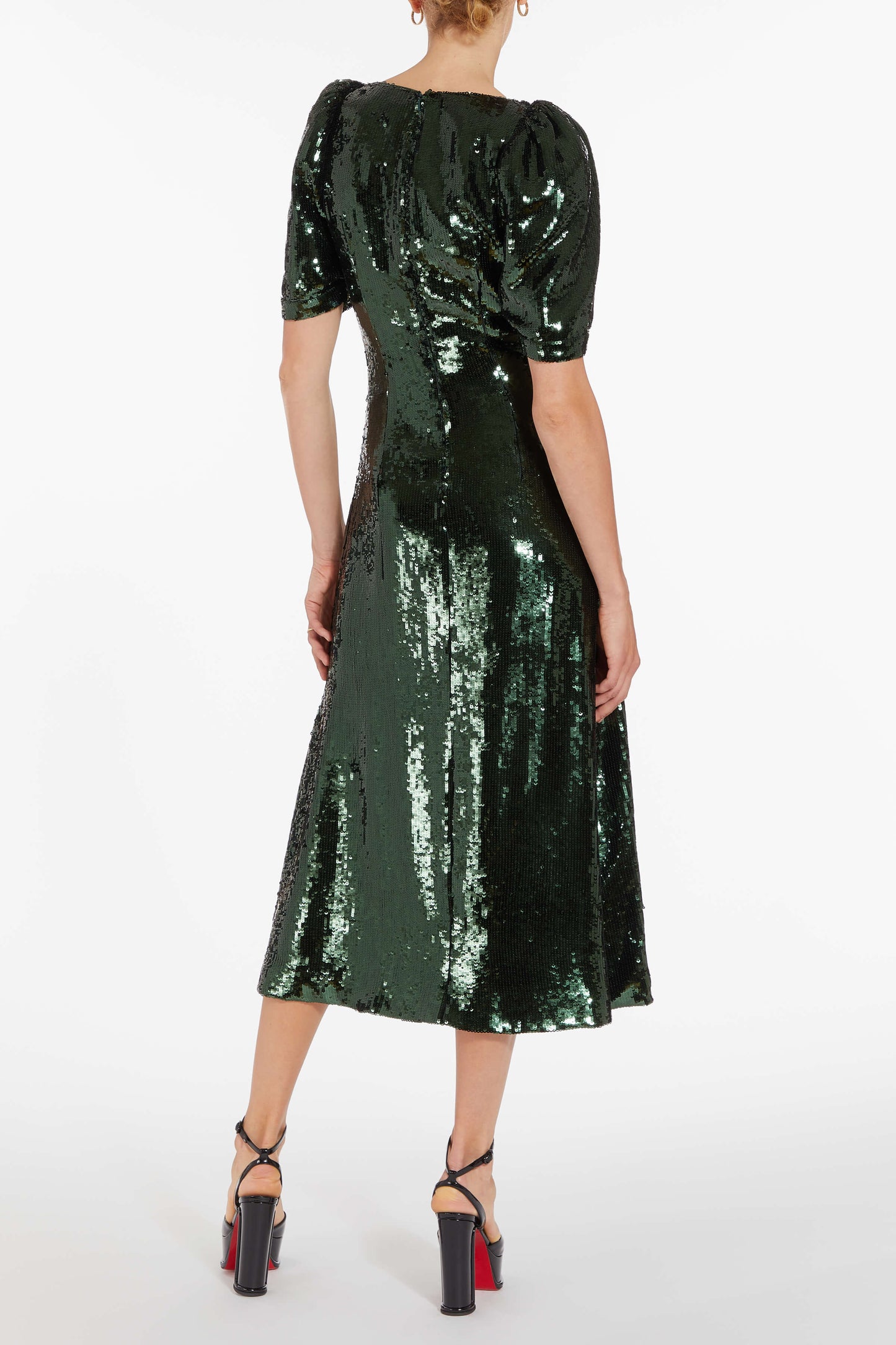 September Emerald Paillete Puff Sleeve Midi Dress