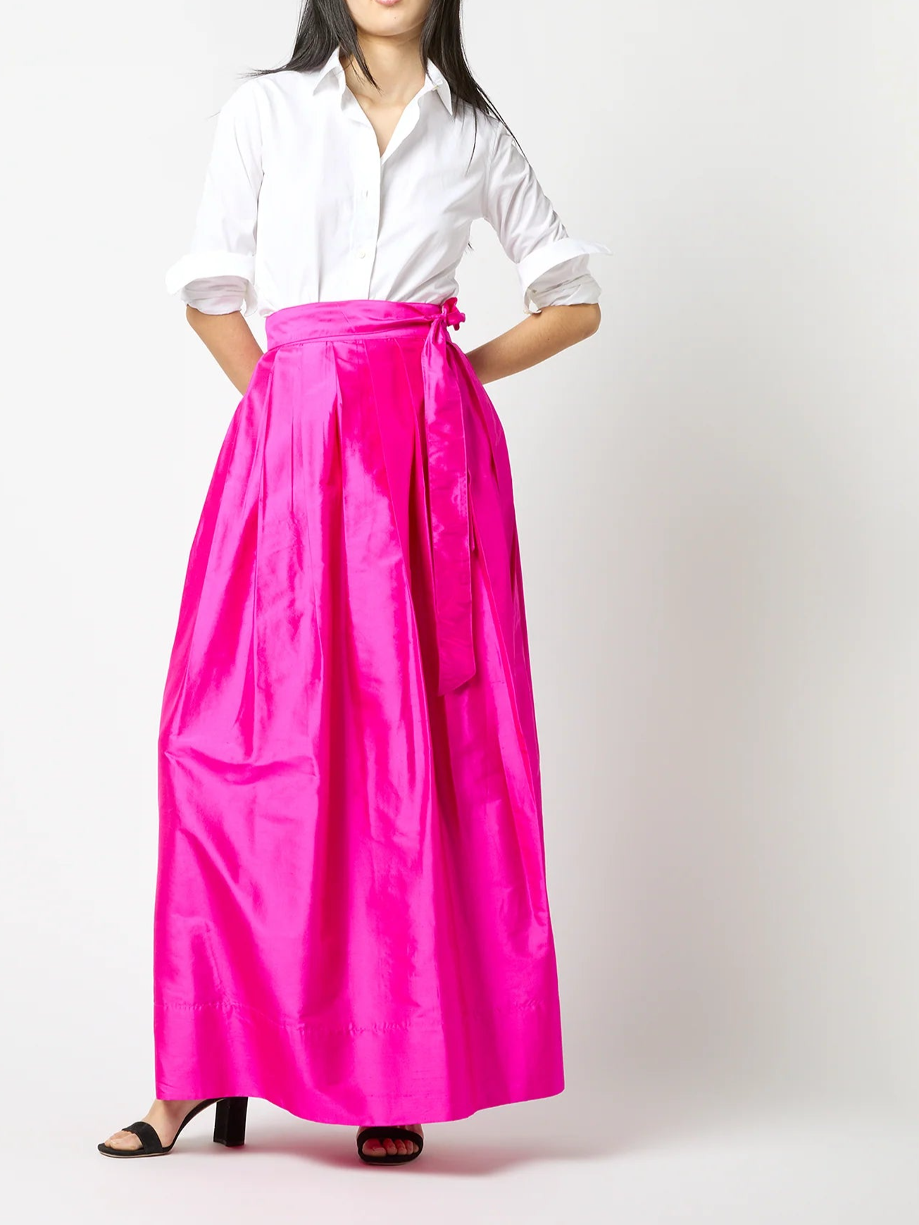 Pleated Wrap Skirt Magenta Silk Shantung