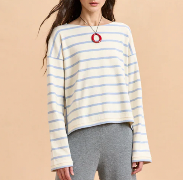 Long Sleeve Breton Tee Ecru/Light Blue