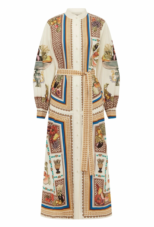 Long dress with intricate pattern on a white background