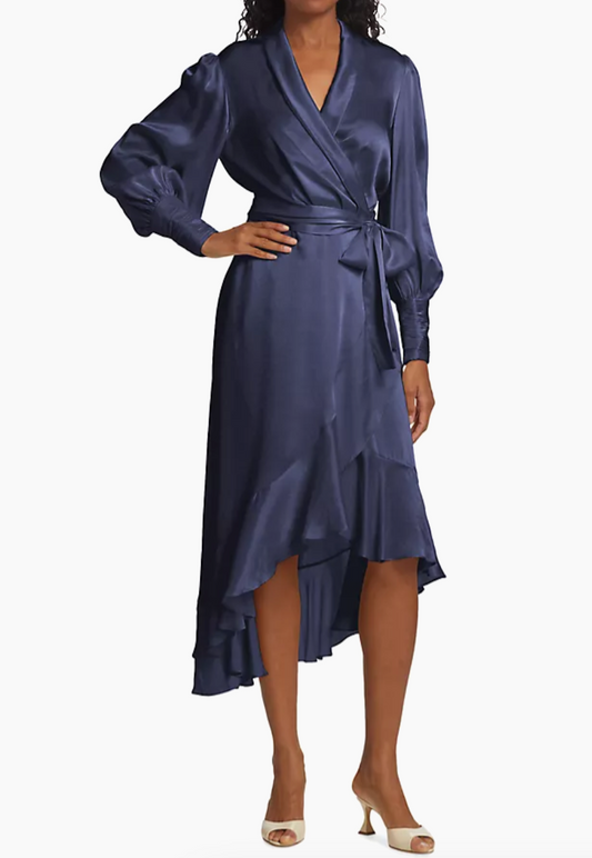 Belted Silk Wrap Midi-Dress Navy