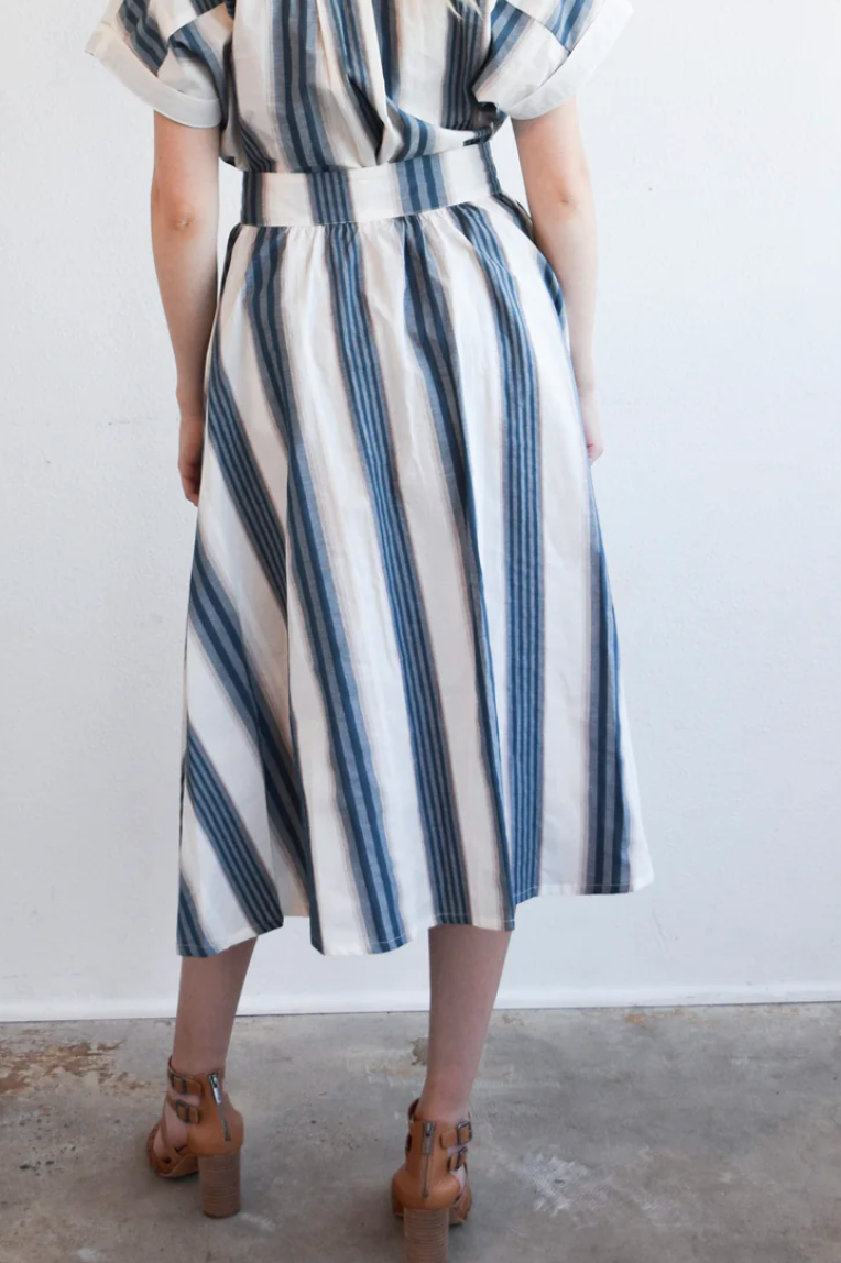 Never A Wallflower Button Down Blue & Brown Stripe Skirt