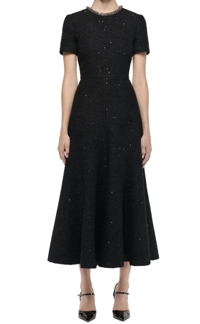 Emb Neckline Sequin Midi Dress