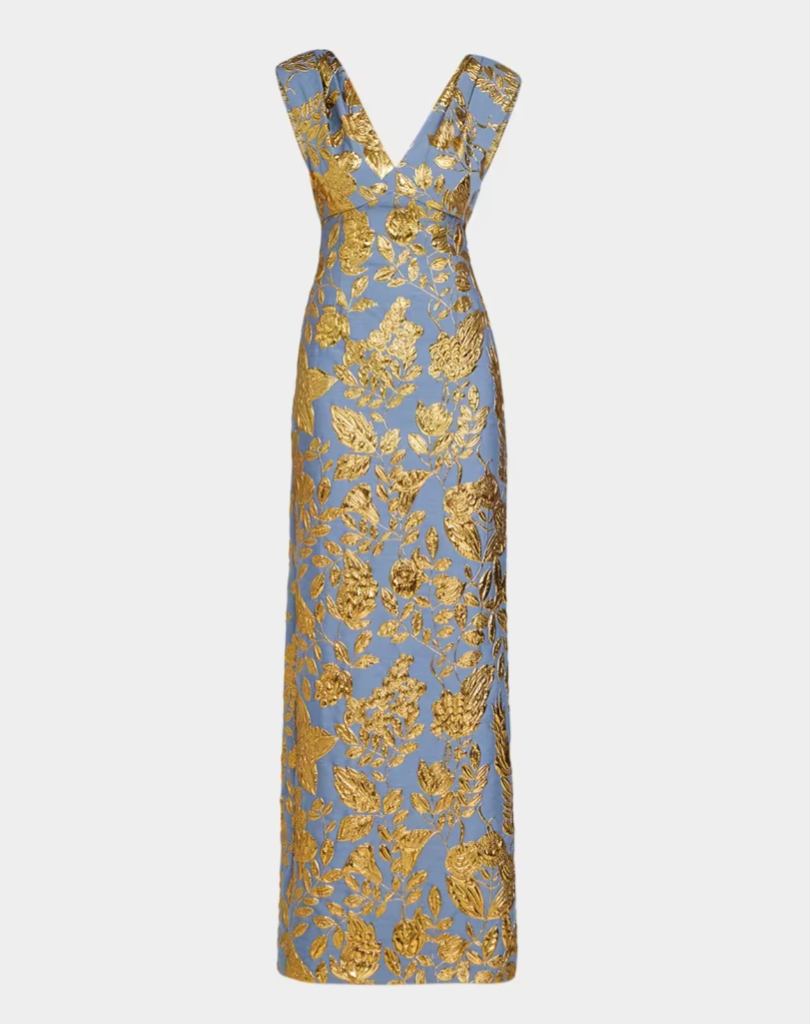 Floral Fil Coupe V-Neck Gown