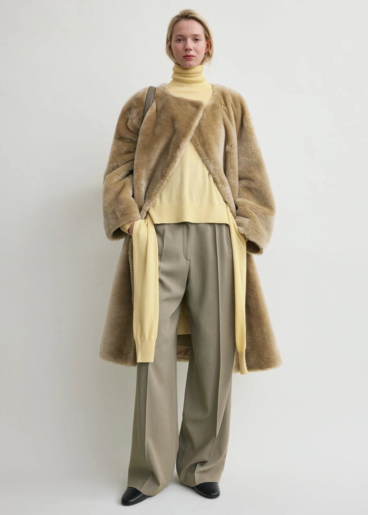 Collarless Shearling Coat
