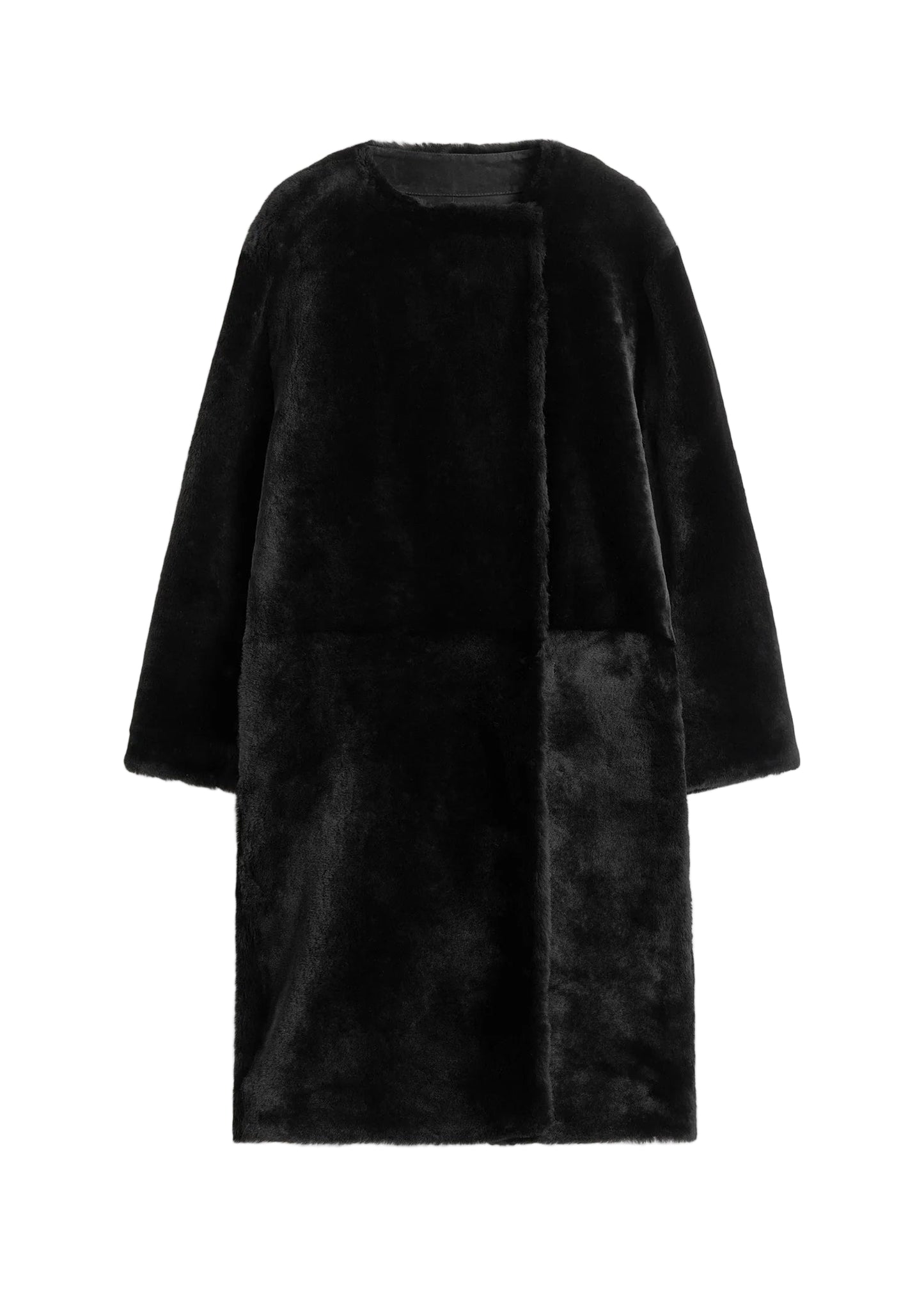 Collarless Shearling Coat