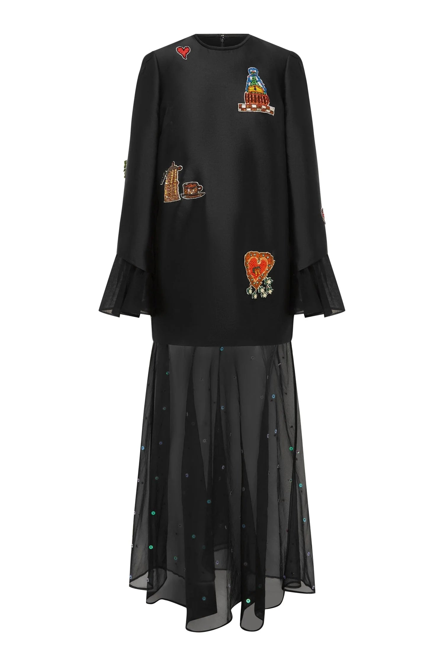 Black dress with colorful patches on a white background