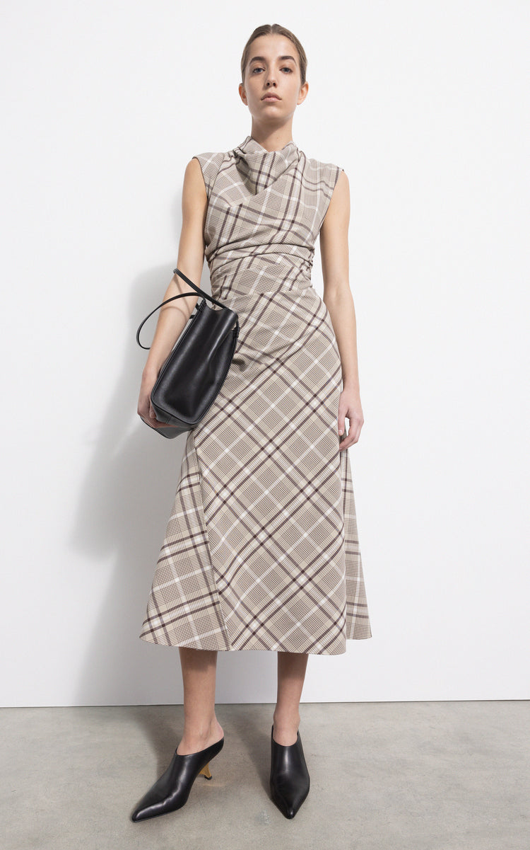 Simkhai Burke short sleeve draped midi dress - Sand Plaid