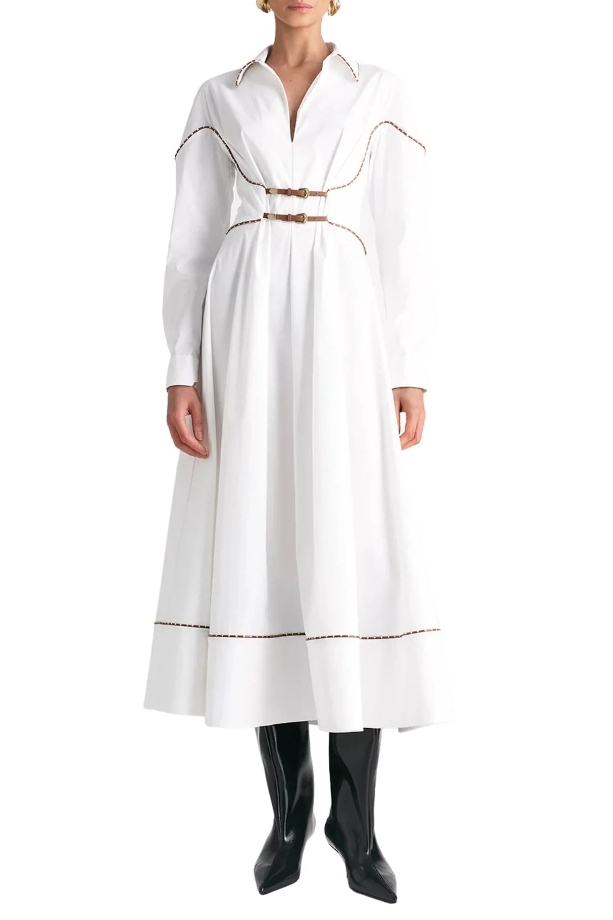 Leather Trim L/S Maxi Shirt Dress