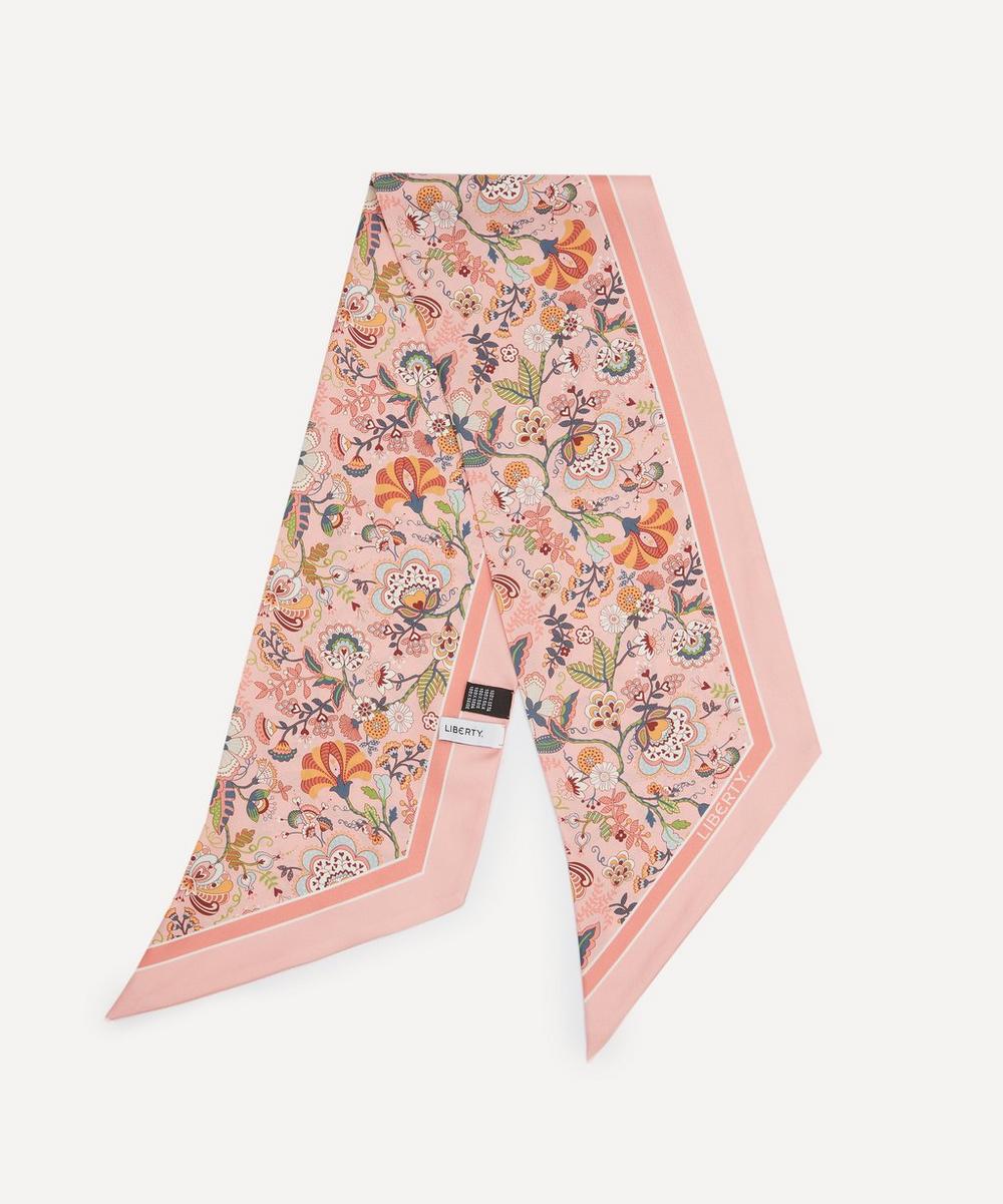 Floral patterned scarf with a brand label on a white background