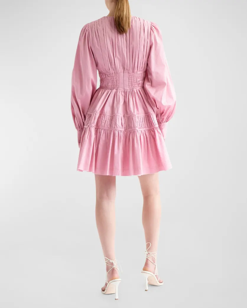 Fallingwater Ruched Cotton Blouson-Sleeve Mini Dress Chalk Pink