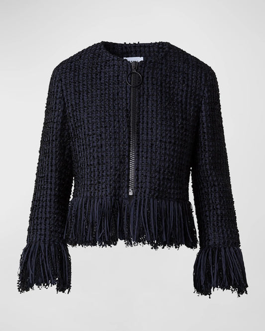 Akris Punto Fringe Chunky Tweed Jacket Navy