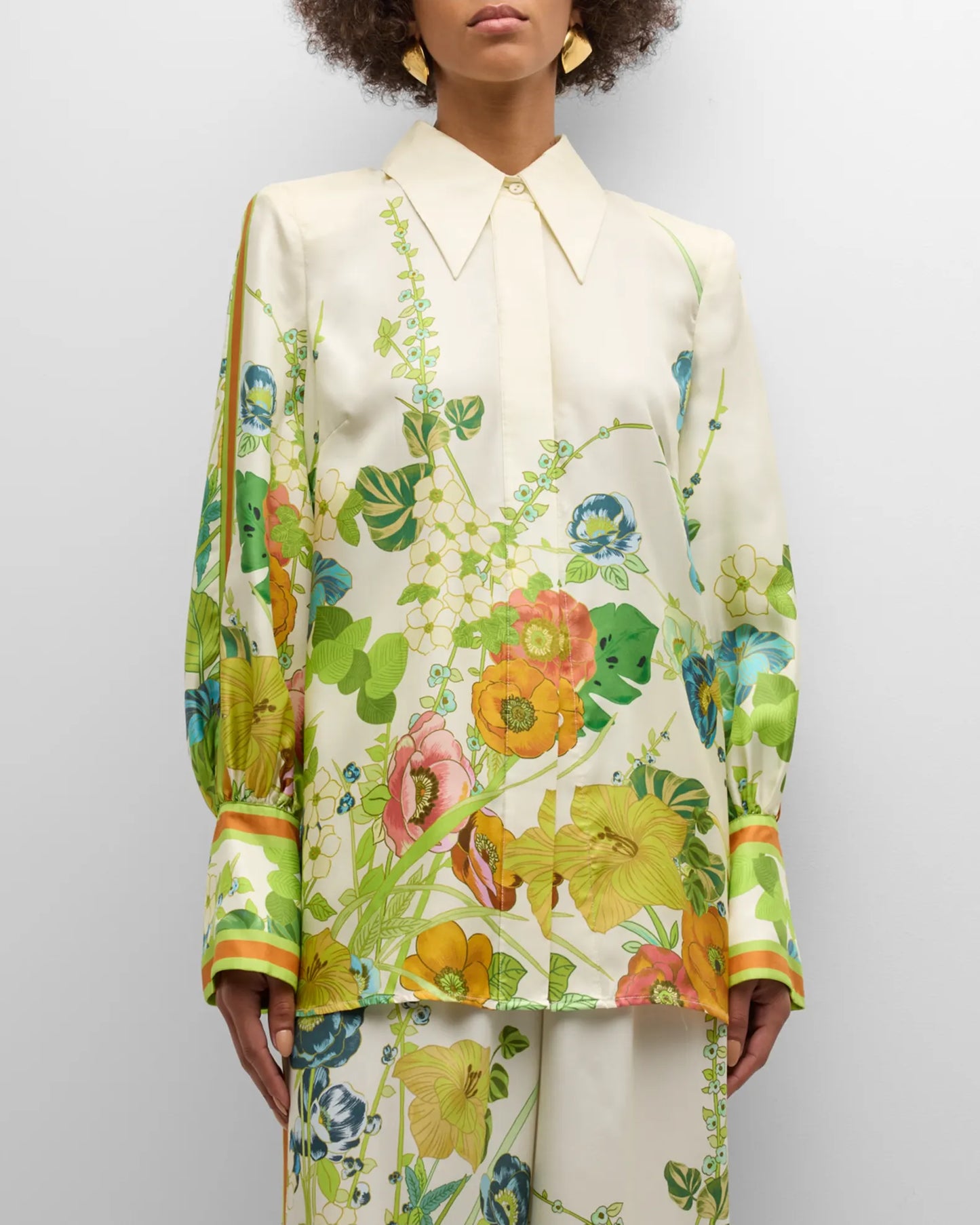 Constance Back Ribbon-Tie Floral Silk Shirt