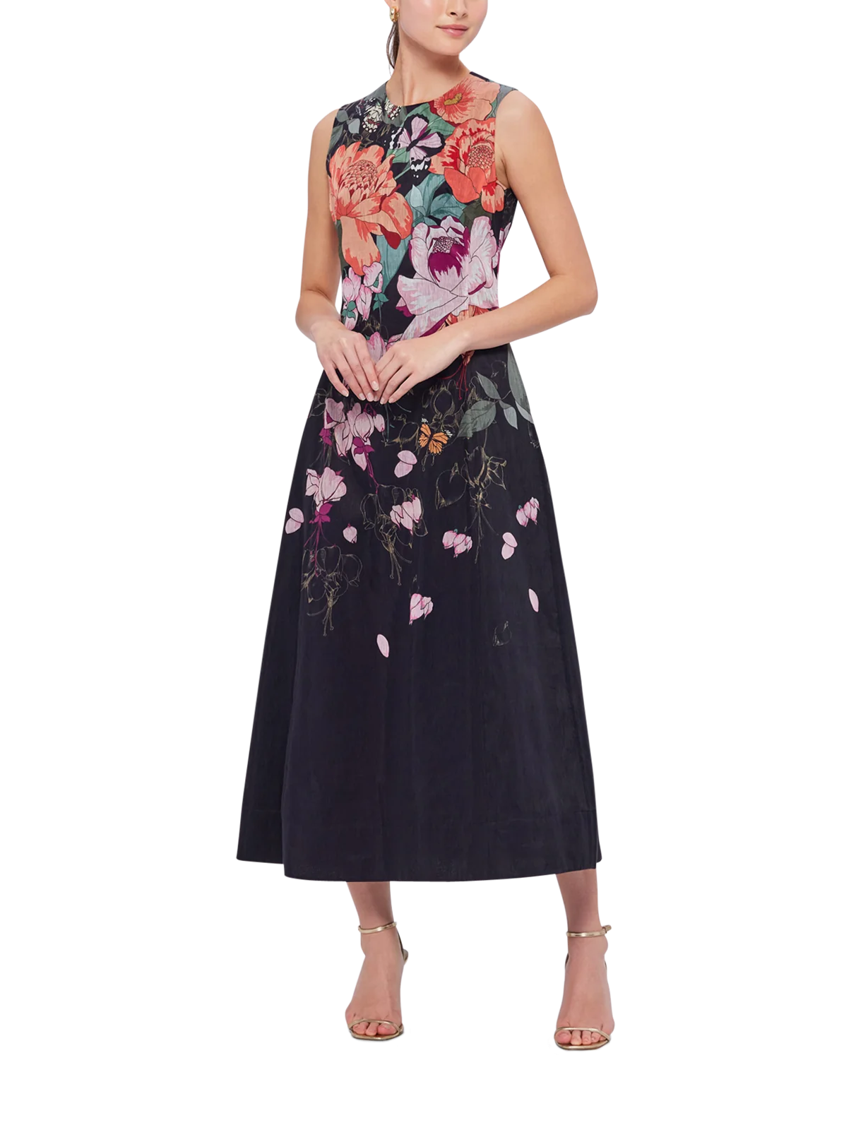 Cleo Sleeveless Floral Cotton Midi Dress Lush Print Black