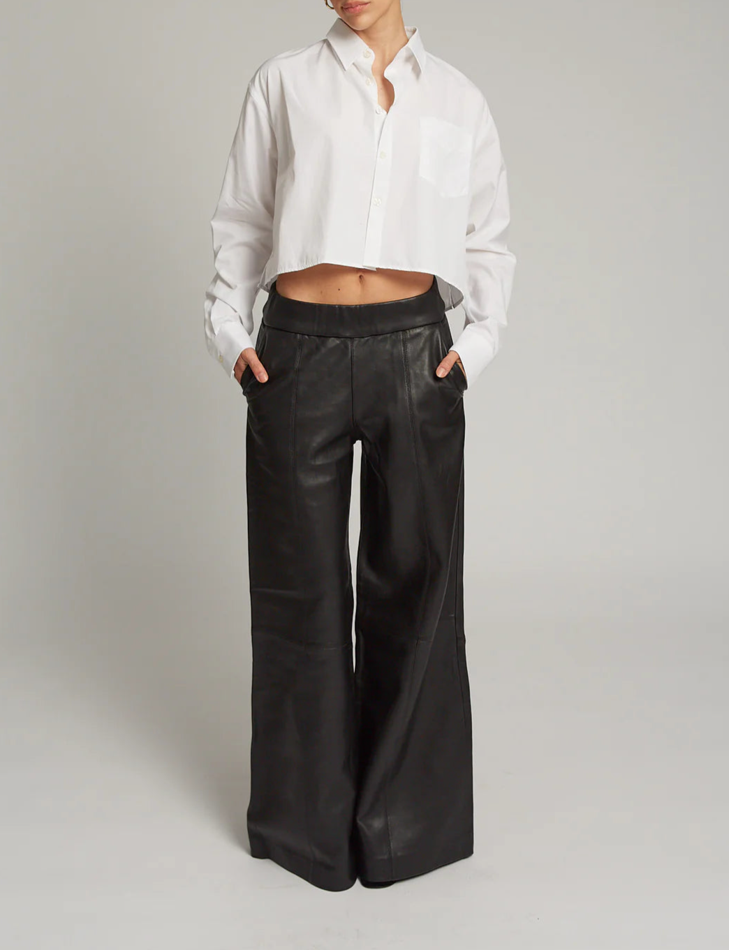 SPRWMN Black Leather Wide Leg Trousers