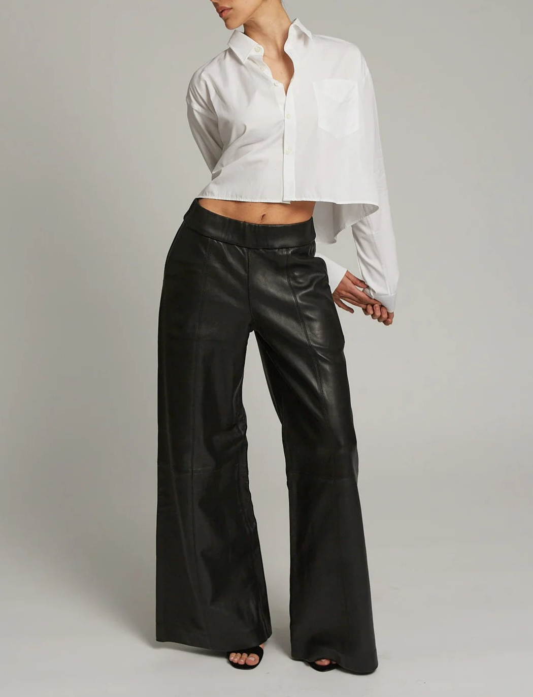 SPRWMN Black Leather Wide Leg Trousers