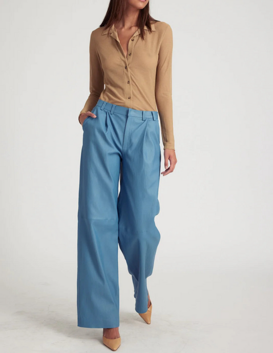 SPRWMN Leather Pleated Trousers in Chambray Blue